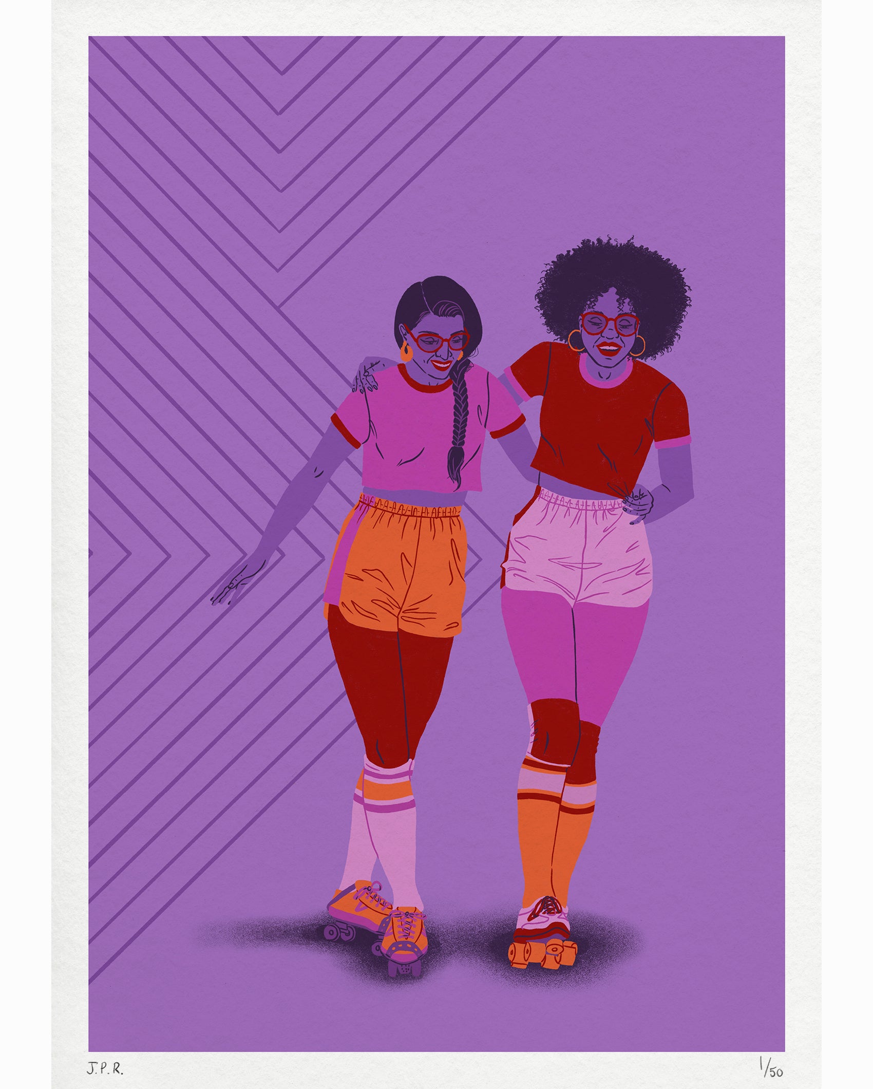 Illustration of two women helping each other to roller skate.