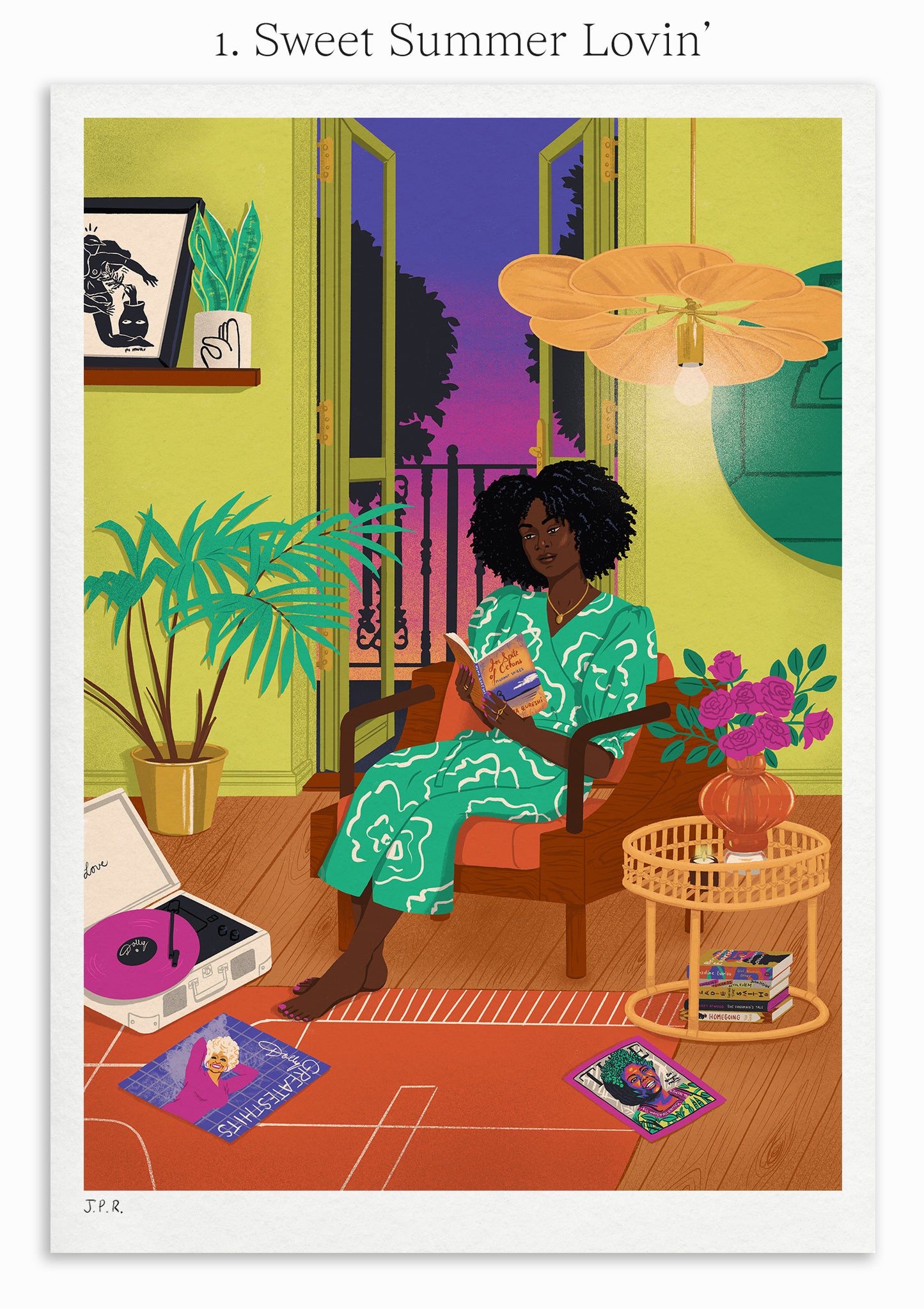 1. Sweet Summer Lovin'. Illustration of a Black woman reading the book In Spite of Oceans by Huma Qureshi. She is sat by the opened door giving out to a sunset and she is surrounded by books, magazines, and vinyls.