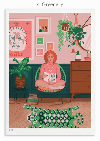 2. Greenery. Illustration of a White woman reading the book Why I'm No Longer Talking To White People About Race by Reni Eddo-Lodge. She is sat in her pink and green living room, surrounded by plants and books