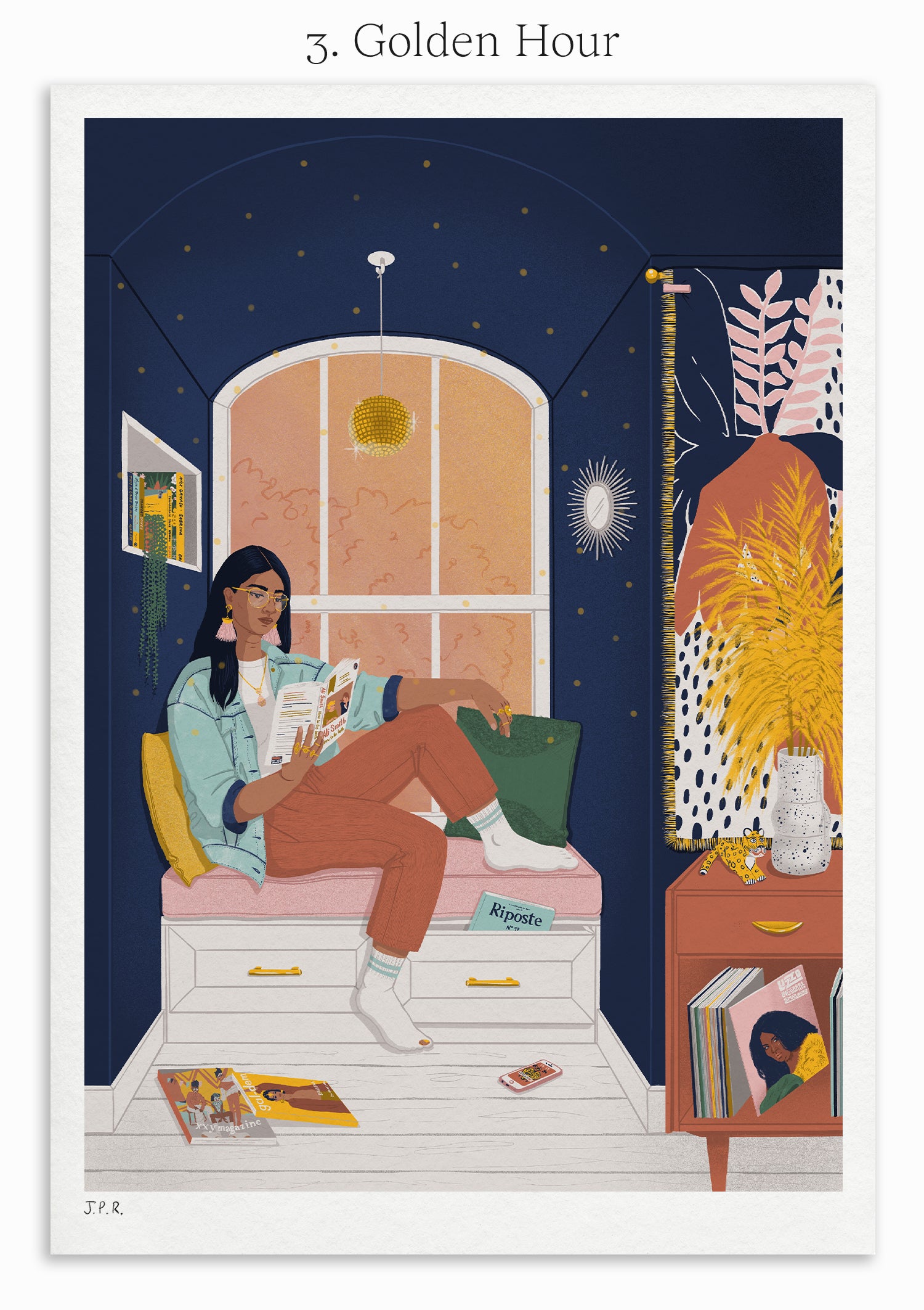 3. Golden Hour. Illustration of a South Asian woman reading the book How to Be Both by Ali Smith. She is sat by the window in a nook and she is surrounded by books, magazines, and vinyls.