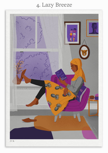 4. Lazy Breeze. Illustration of a Muslim woman reading the book The Bluest Eye by Toni Morrison. She is sat by the window on an armchair and the light curtains are being moved by the breeze.