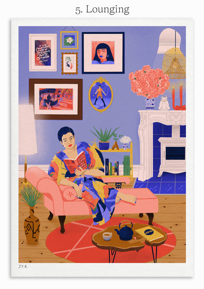 5. Lounging. Illustration of an East Asian woman reading the book Don't Touch My Hair by Emma Dabiri. She is sat on a chaise long in her living room, surrounded by lovely objects, books and picture frames on the wall. She is wearing a multi-coloured dress.