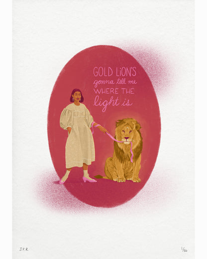 Illustration of a South Asian woman next to a golden lion. She is wearing and off-white dress covered with pearls. Lyrics from the Yeah Yeah Yeah song Gold Lion are written at the backL "Gold Lion's gonna tell me where the light is."