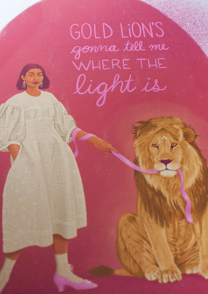 Close-up of an illustration of a South Asian woman next to a golden lion. She is wearing and off-white dress covered with pearls. Lyrics from the Yeah Yeah Yeah song Gold Lion are written at the backL "Gold Lion's gonna tell me where the light is."