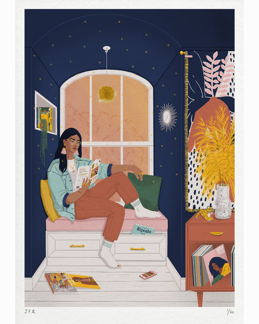 Illustration of a South Asian woman reading the book How to Be Both by Ali Smith. She is sat by the window in a nook and she is surrounded by books, magazines, and vinyls.