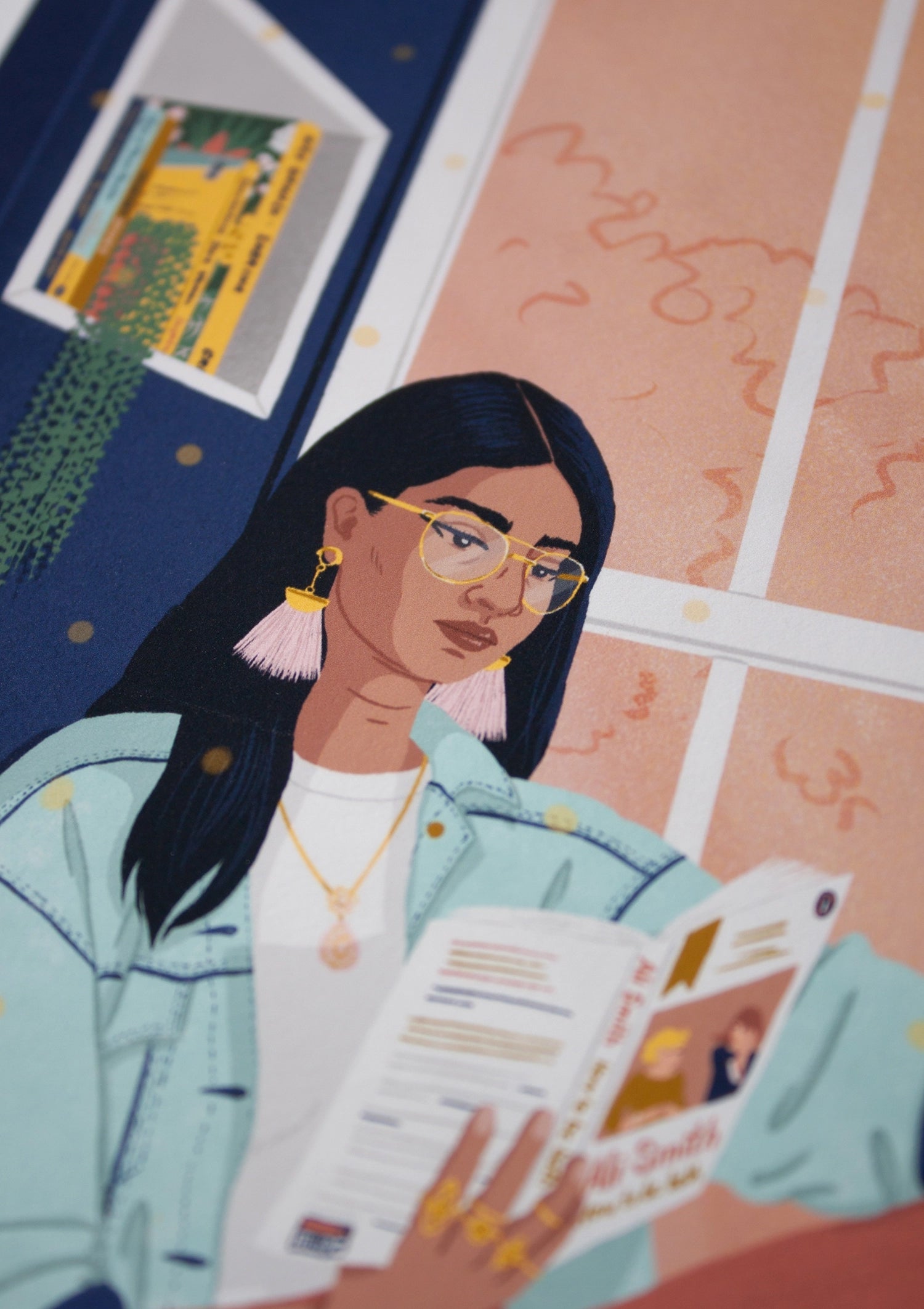 Close-up on an illustration of a South Asian woman reading the book How to Be Both by Ali Smith. She is sat by the window in a nook and she is surrounded by books, magazines, and vinyls.