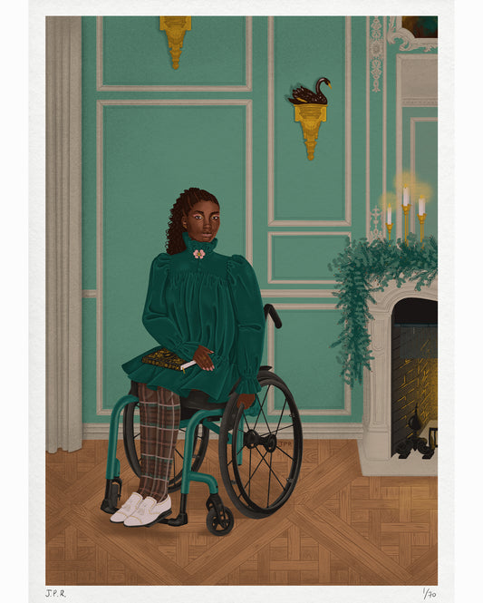 Illustration of a Black woman with the book White Teeth by Zadie Smith on her lap. She is sat in her wheelchair in a drawing room by the fireplace. There are candles and a fir and eucalyptus garland on the mantlepiece (bit of a fire hazard I know).