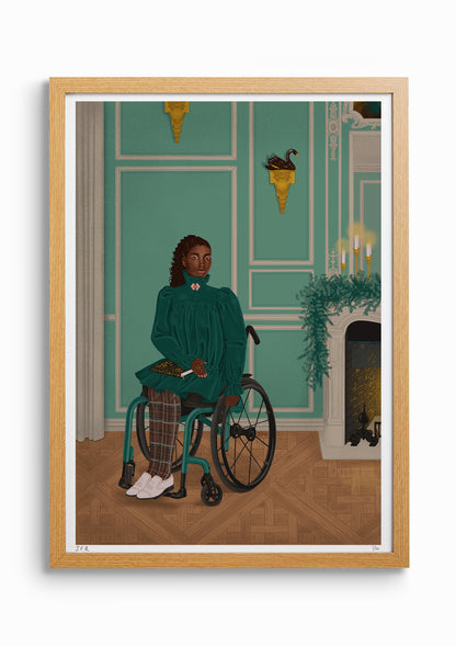 Framed illustration of a Black woman with the book White Teeth by Zadie Smith on her lap. She is sat in her wheelchair in a drawing room by the fireplace. There are candles and a fir and eucalyptus garland on the mantlepiece (bit of a fire hazard I know).
