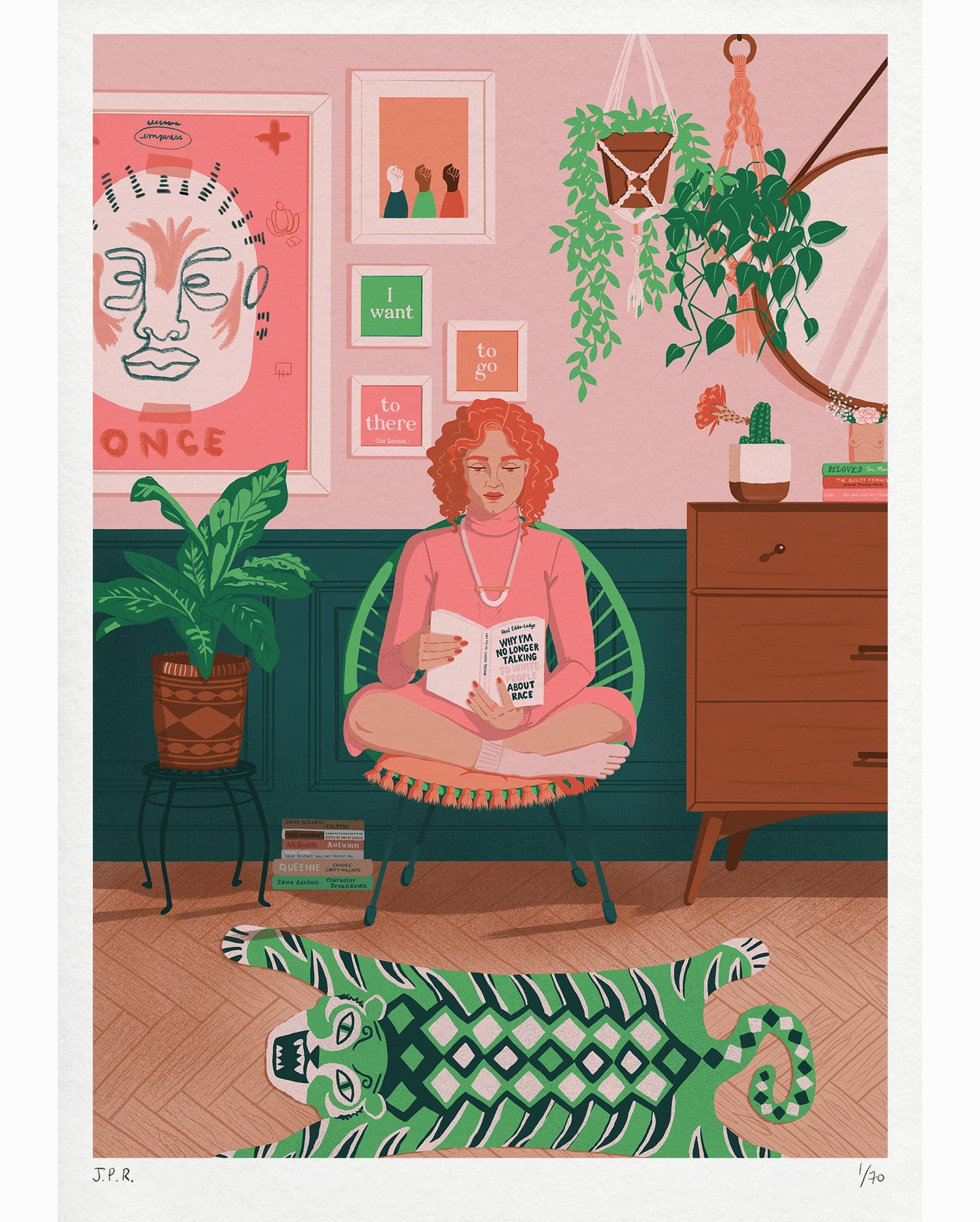 Illustration of a White woman reading the book Why I'm No Longer Talking To White People About Race by Reni Eddo-Lodge. She is sat in her pink and green living room, surrounded by plants and books