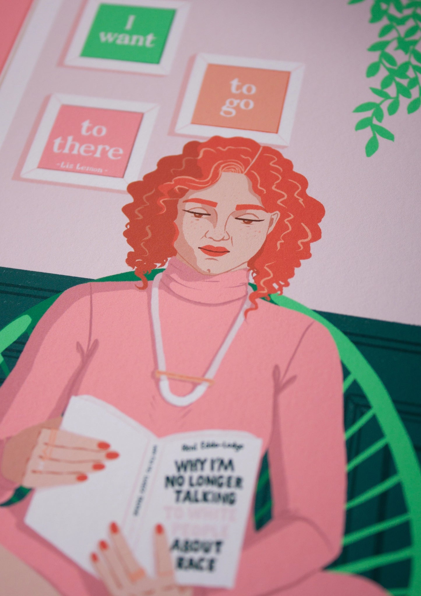 Close-up on an illustration of a White woman reading the book Why I'm No Longer Talking To White People About Race by Reni Eddo-Lodge. She is sat in her pink and green living room, surrounded by plants and books