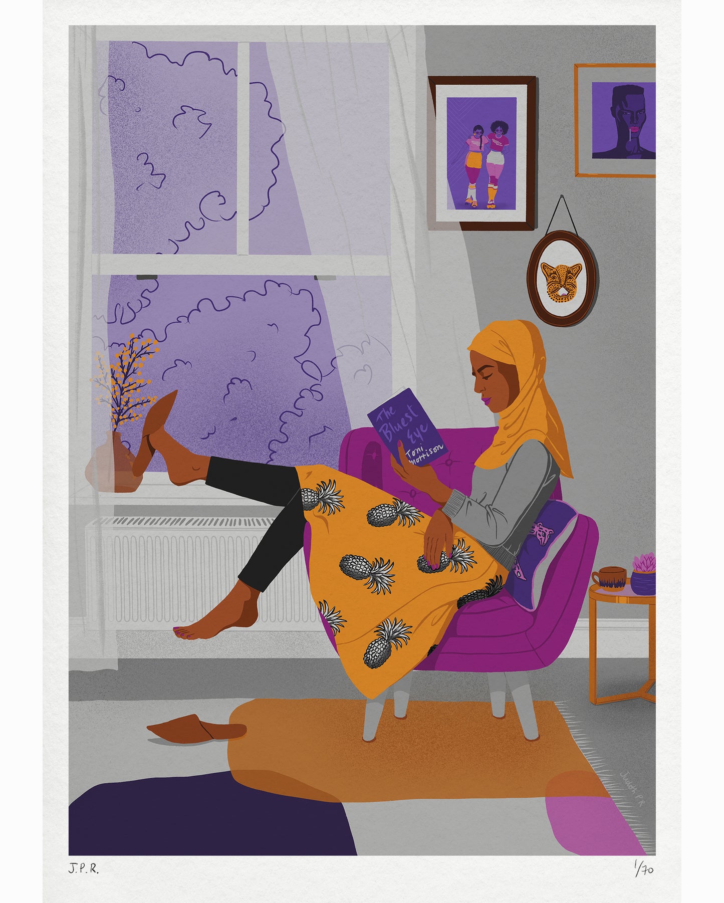 Illustration of a Muslim woman reading the book The Bluest Eye by Toni Morrison. She is sat by the window on an armchair and the light curtains are being moved by the breeze.