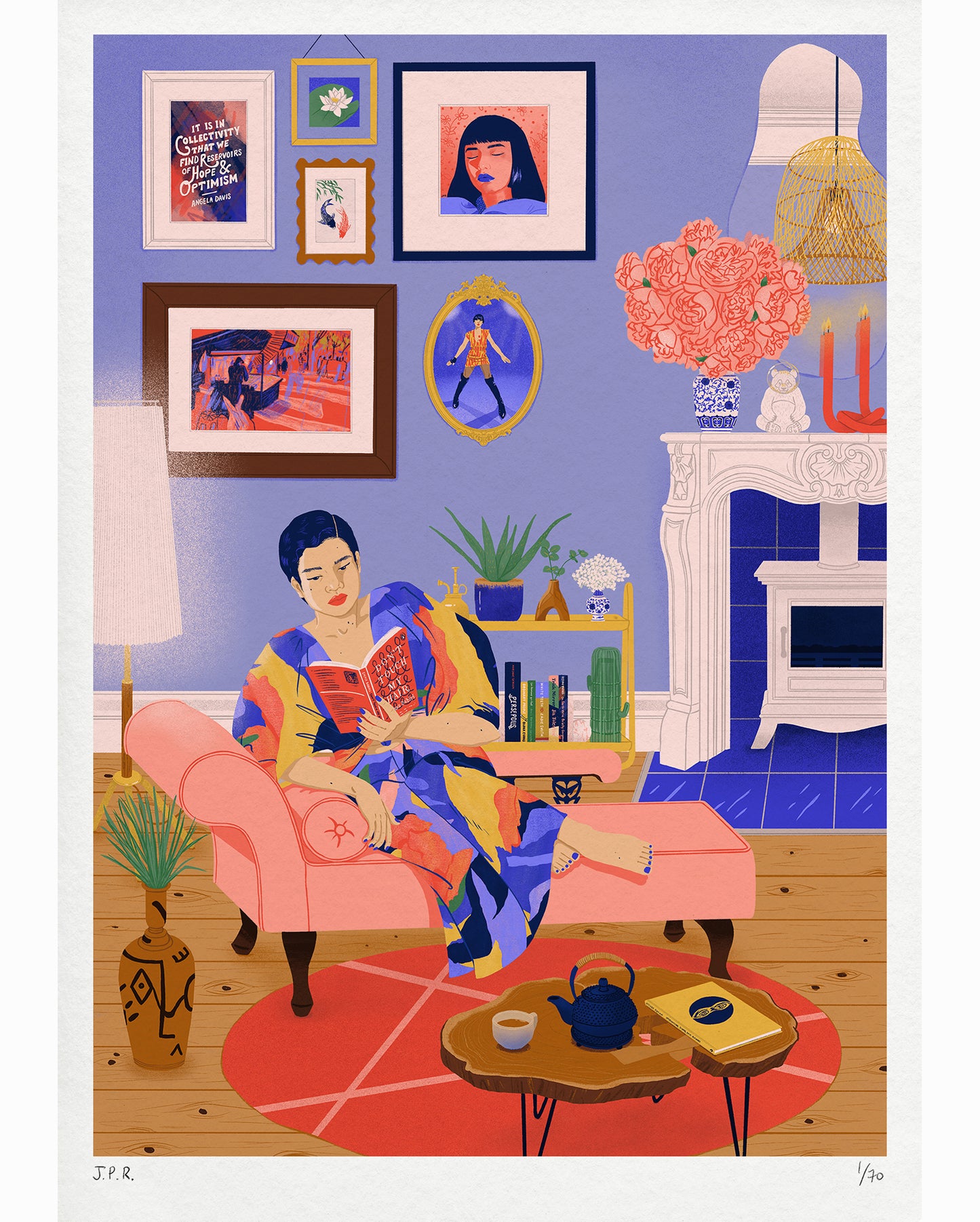 Illustration of an East Asian woman reading the book Don't Touch My Hair by Emma Dabiri. She is sat on a chaise long in her living room, surrounded by lovely objects, books and picture frames on the wall. She is wearing a multi-coloured dress.