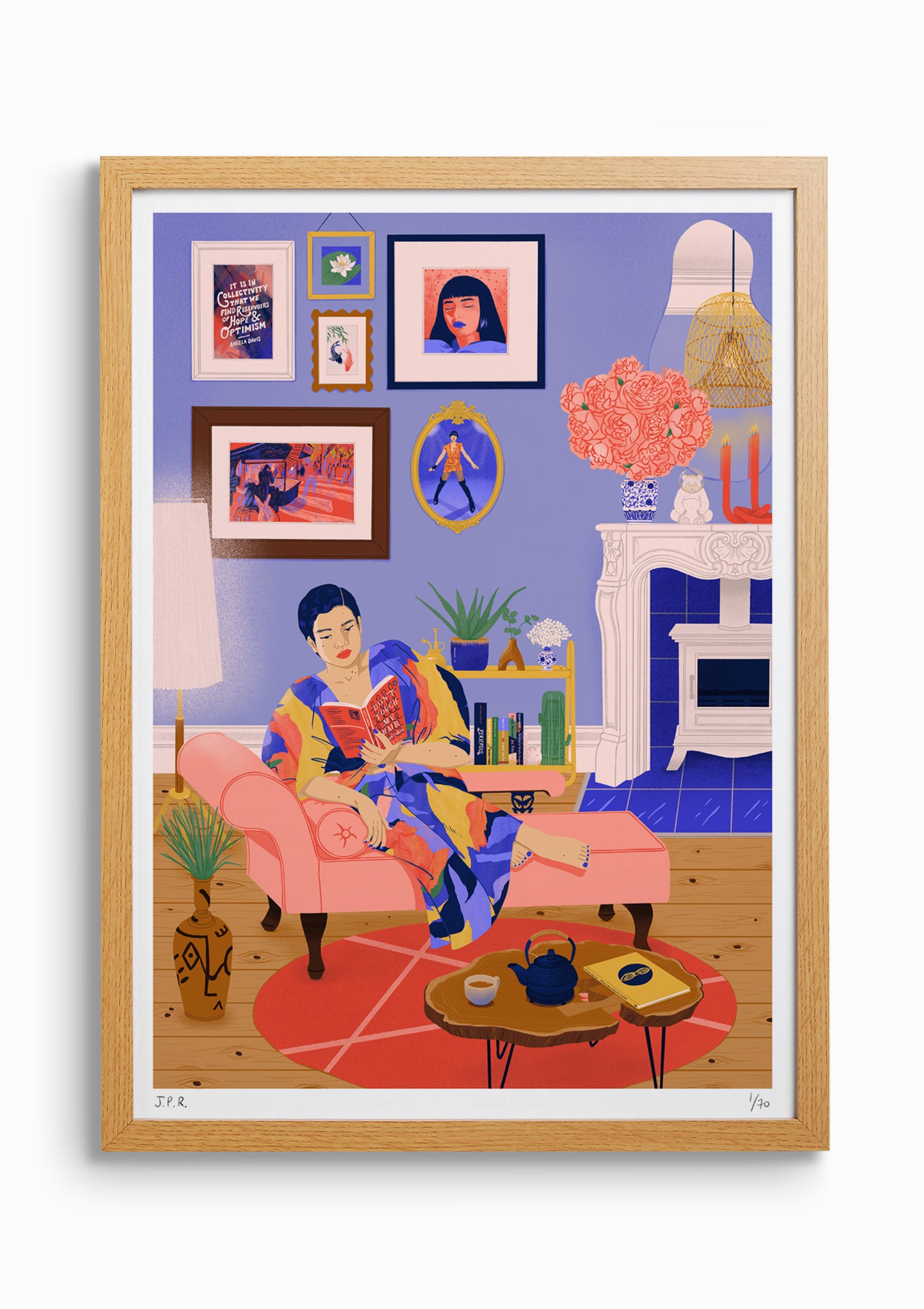 Framed illustration of an East Asian woman reading the book Don't Touch My Hair by Emma Dabiri. She is sat on a chaise long in her living room, surrounded by lovely objects, books and picture frames on the wall. She is wearing a multi-coloured dress.