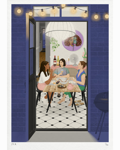 Illustration of three women around the dinner table, chatting and laughing. One is White, one is South Asian, and the other one is East Asian. Remnants of food are on the table. There is a fan next to them, to help with the heat. Both the back and the front door of the flat are opened and it's nighttime.