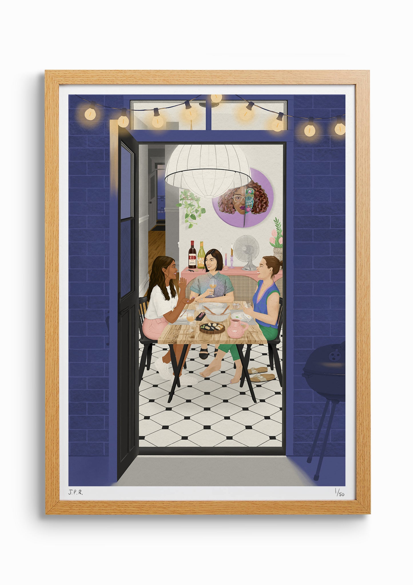 Framed illustration of three women around the dinner table, chatting and laughing. One is White, one is South Asian, and the other one is East Asian. Remnants of food are on the table. There is a fan next to them, to help with the heat. Both the back and the front door of the flat are opened and it's nighttime.