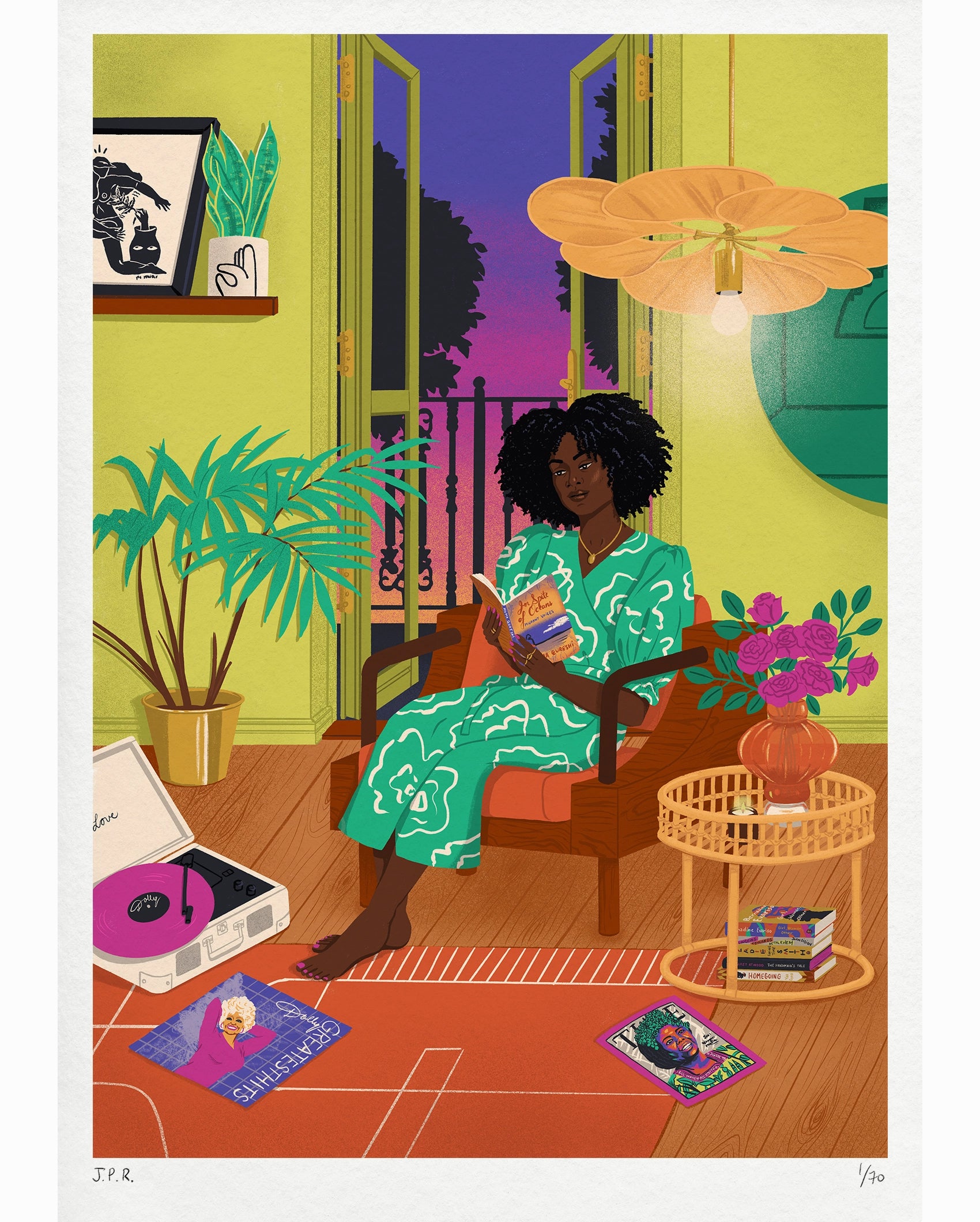 Illustration of a Black woman reading the book In Spite of Oceans by Huma Qureshi. She is sat by the opened door giving out to a sunset and she is surrounded by books, magazines, and vinyls.