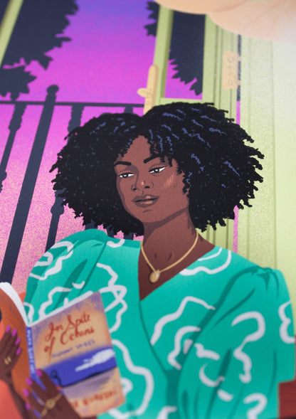 Close-up on the illustration of a Black woman reading the book In Spite of Oceans by Huma Qureshi. She is sat by the opened door giving out to a sunset and she is surrounded by books, magazines, and vinyls.