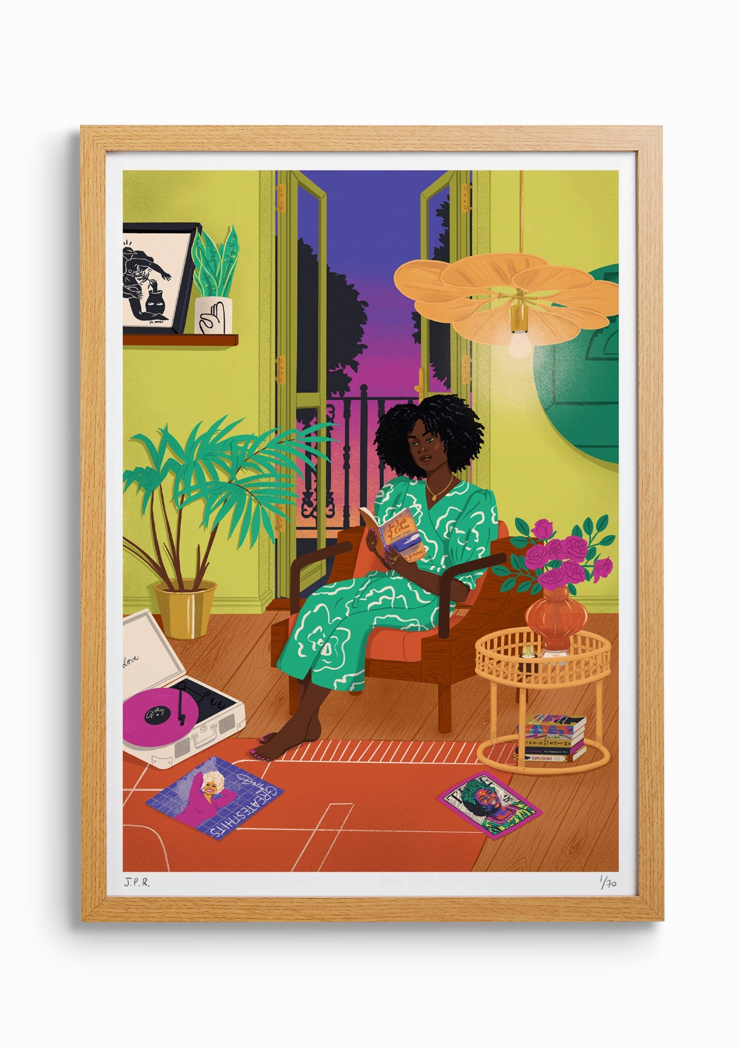 Framed illustration of a Black woman reading the book In Spite of Oceans by Huma Qureshi. She is sat by the opened door giving out to a sunset and she is surrounded by books, magazines, and vinyls.