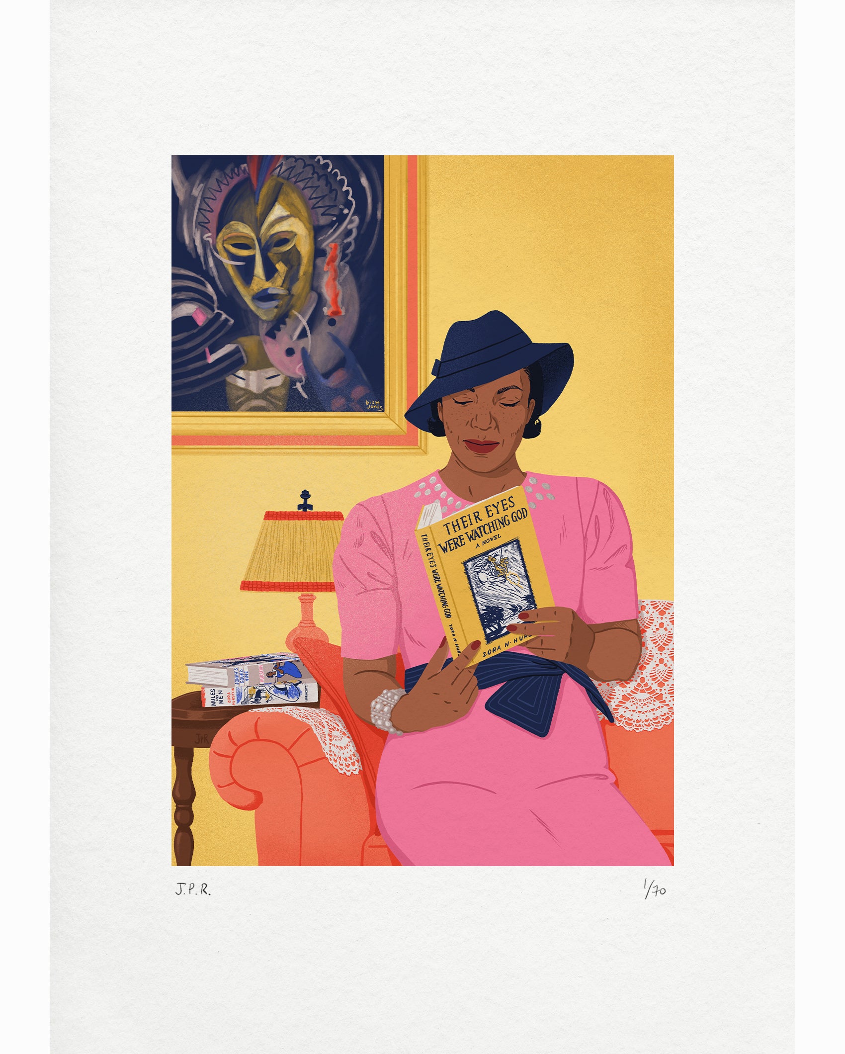 Illustrated portrait of Zora Neale Hurston in her living room, reading her book. Behind here is a painting by Lois Mailou Jones, another important Black woman of the Harlem Renaissance.