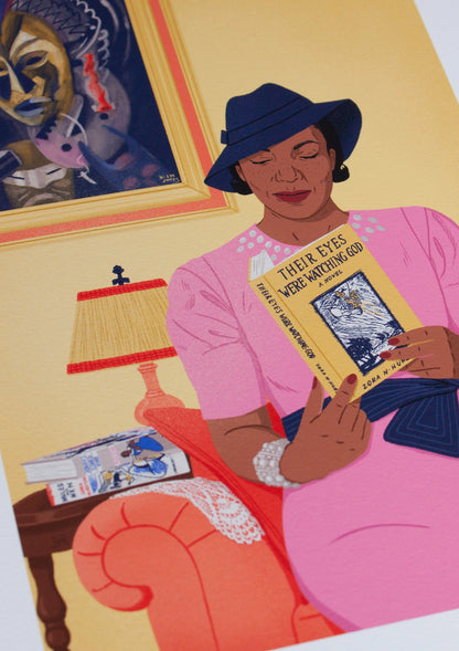Close-up on the illustrated portrait of Zora Neale Hurston in her living room, reading her book. Behind here is a painting by Lois Mailou Jones, another important Black woman of the Harlem Renaissance.